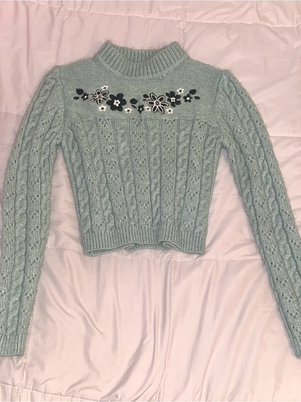 Forever 21 Light mint green Floral Cable Knit Mock Neck Sweater